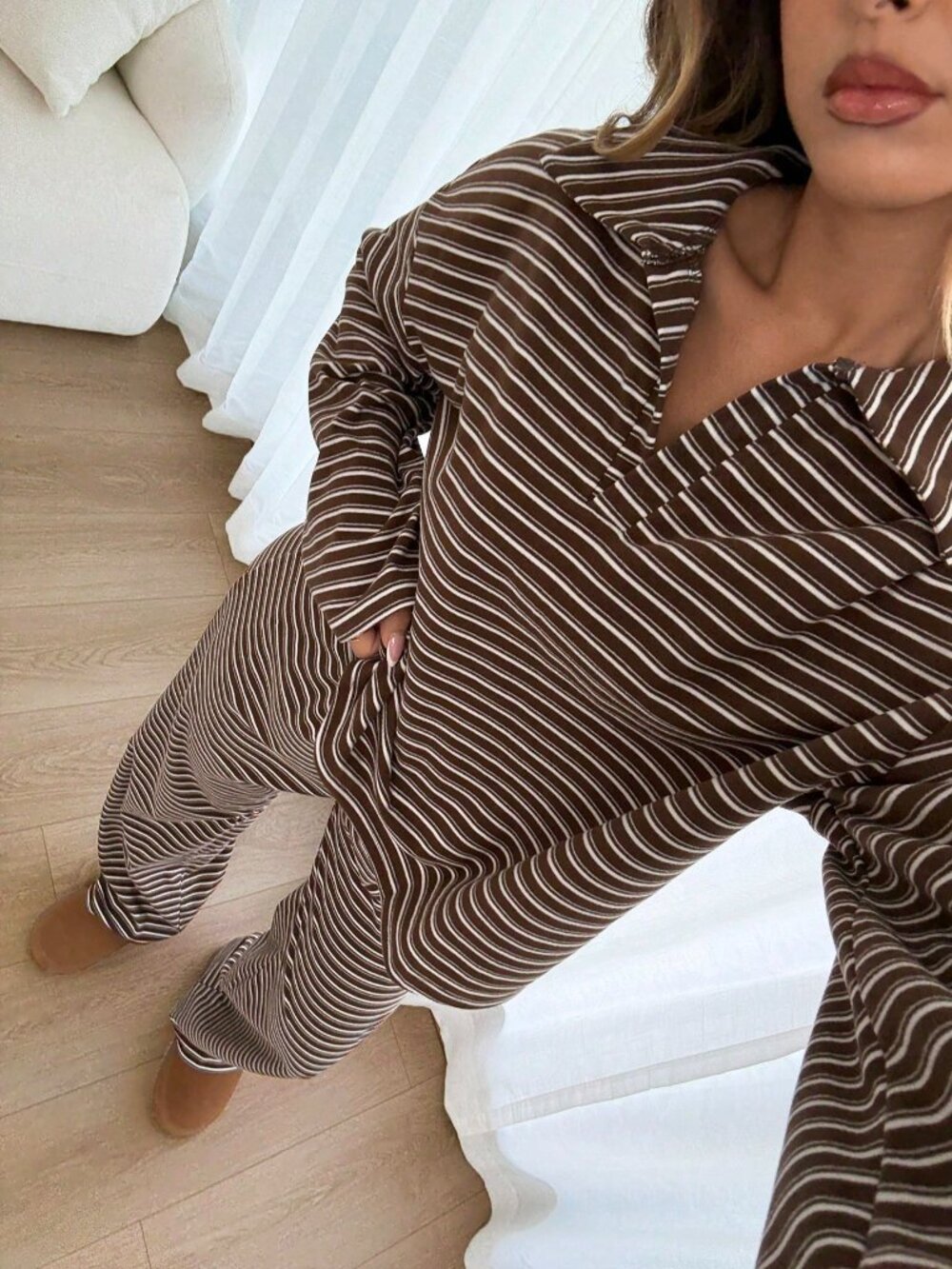 Brown Casual Women's Loose Striped V-Neck Drop Shoulder Long Sleeve T-Shirt Set